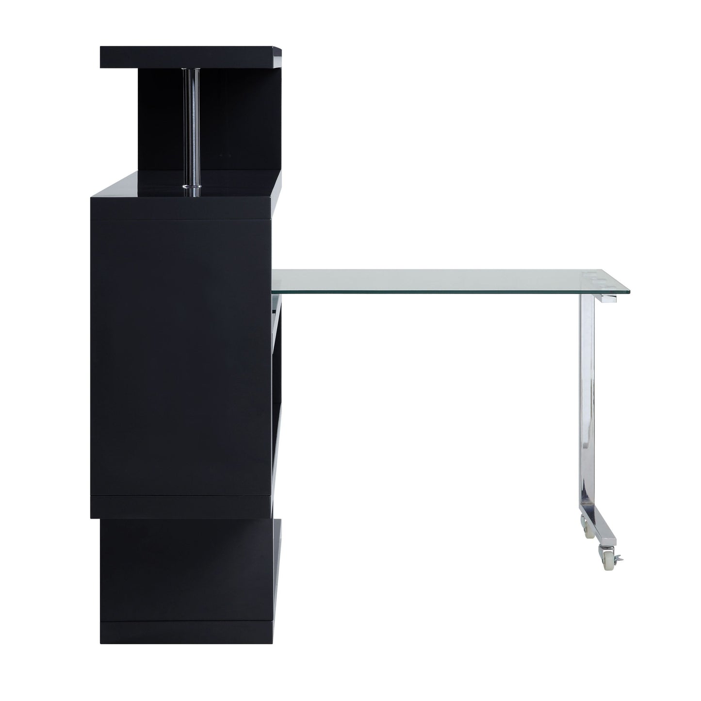 Modern Glass-Top Writing Desk with S-Shaped Shelf, Black and Chrome Finish