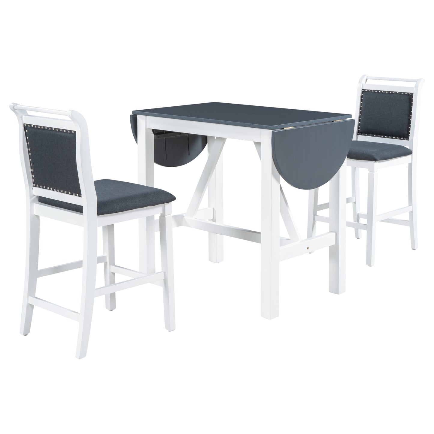 3-Piece Wood Counter Height Drop Leaf  Dining Table Set with 2 Upholstered Dining Chairs for Small Place, White+Gray