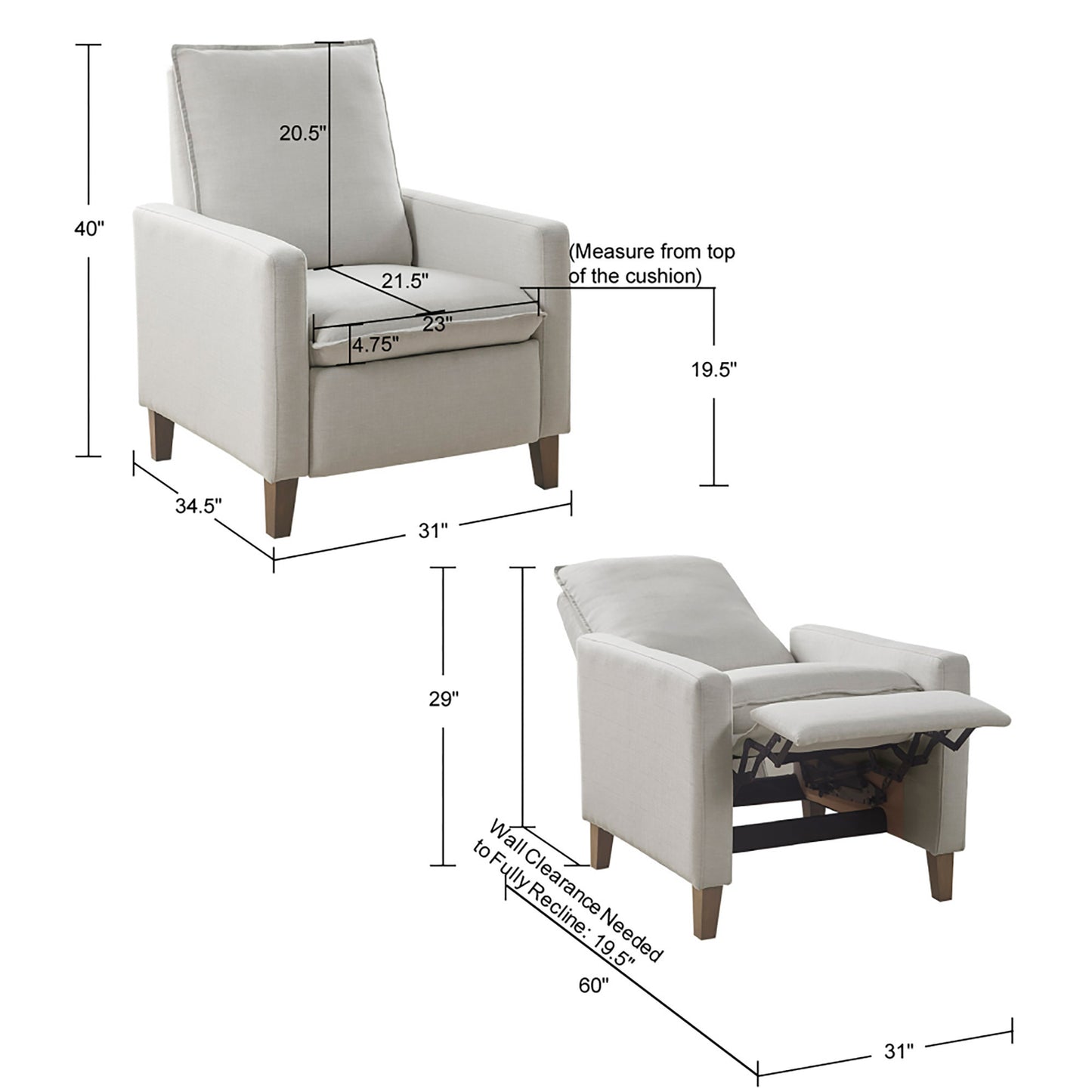 Sleek Ivory Upholstered High Back Recliner with Manual Push Back