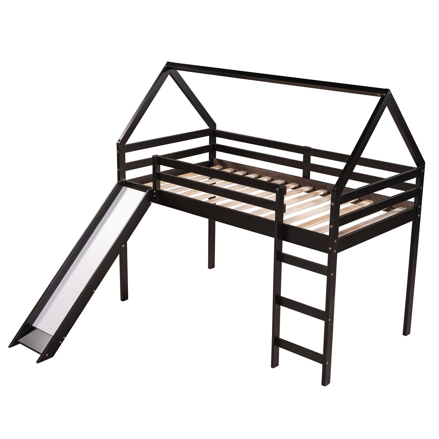 Twin Size Loft Bed with Slide, House Bed with Slide,Espresso( :WF281158AAP)