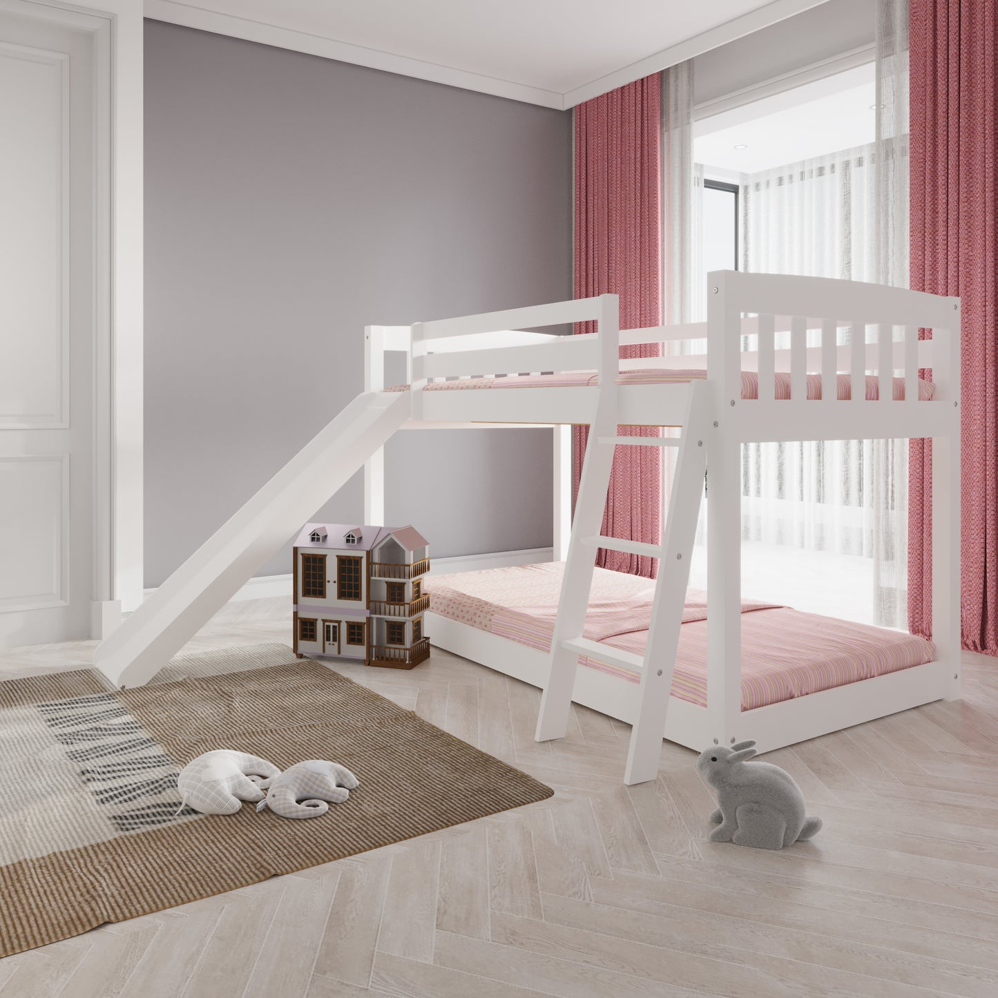 Kids White Twin Bunk Bed with Slide, Stairs, and Safety Features