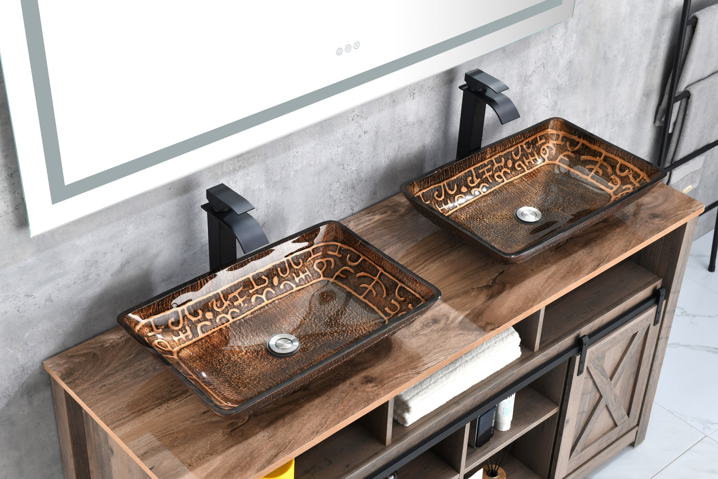 Brown and Gold Fusion Handmade Glass Rectangle Vessel Bathroom Sink with Matte Black Faucet and Drain