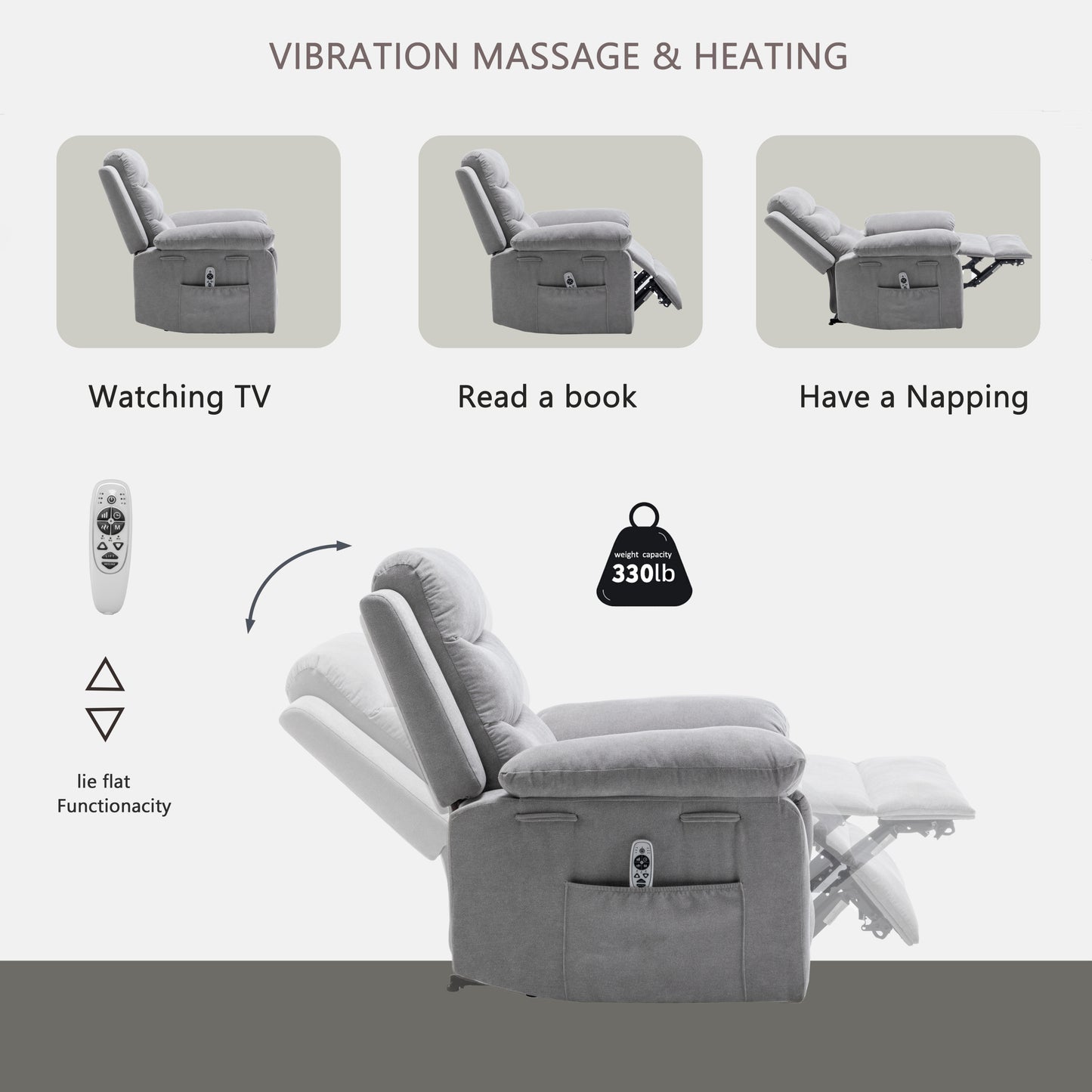 Adjustable Massage Power Recliner Chair with Heating System - Light Gray