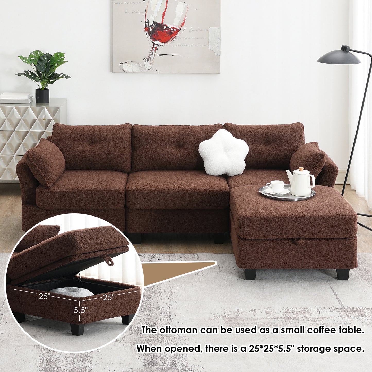 Modern Velvet L-Shaped Sectional Sofa with Charging Ports and Ottoman