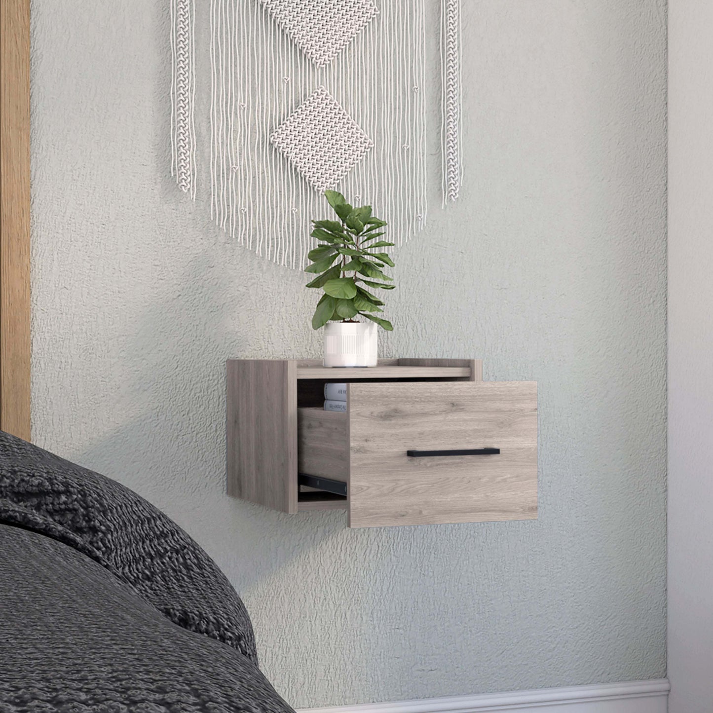 Boa Floating Nightstand, Wall-Mounted Single Drawer Design with Handle- Light Grey - Bedroom