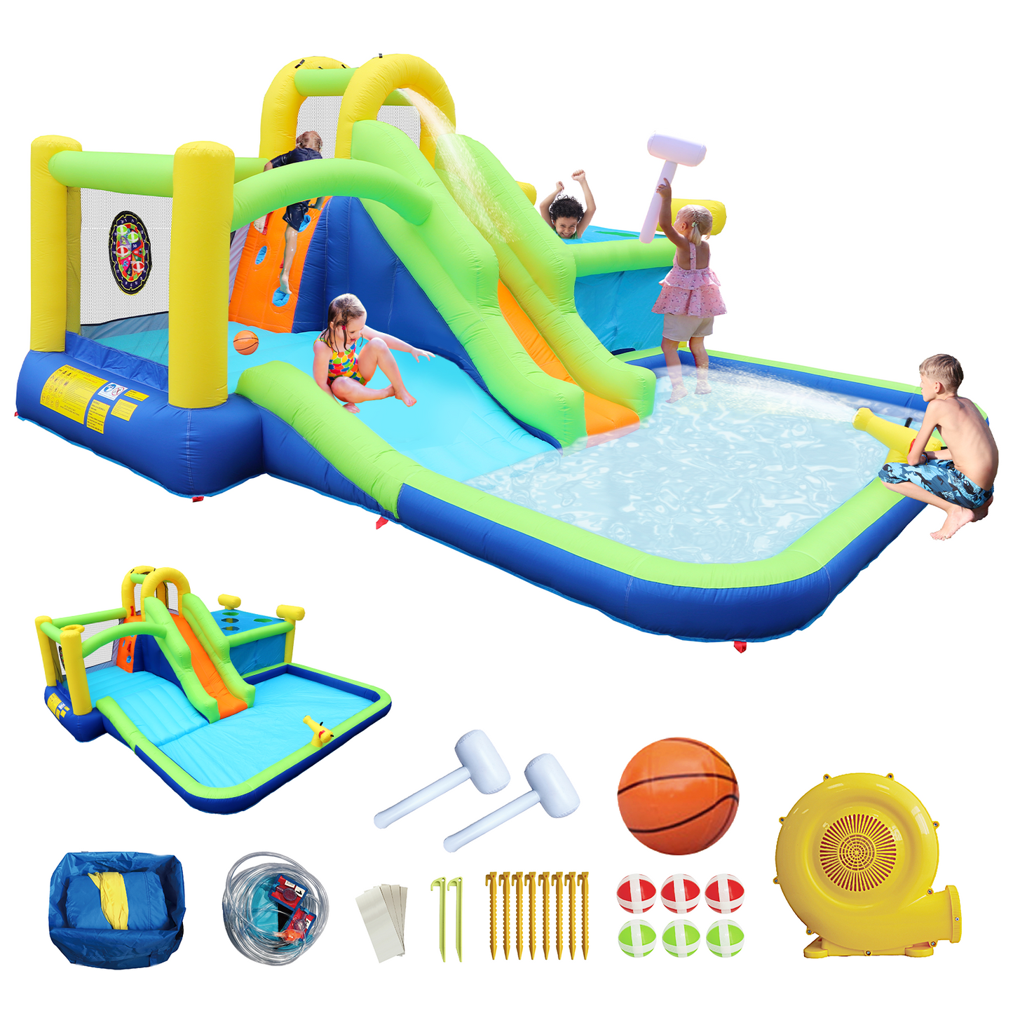 7-in-1 Inflatable Water Park Bouncer with Whack-a-Mole Games and Splash Pool