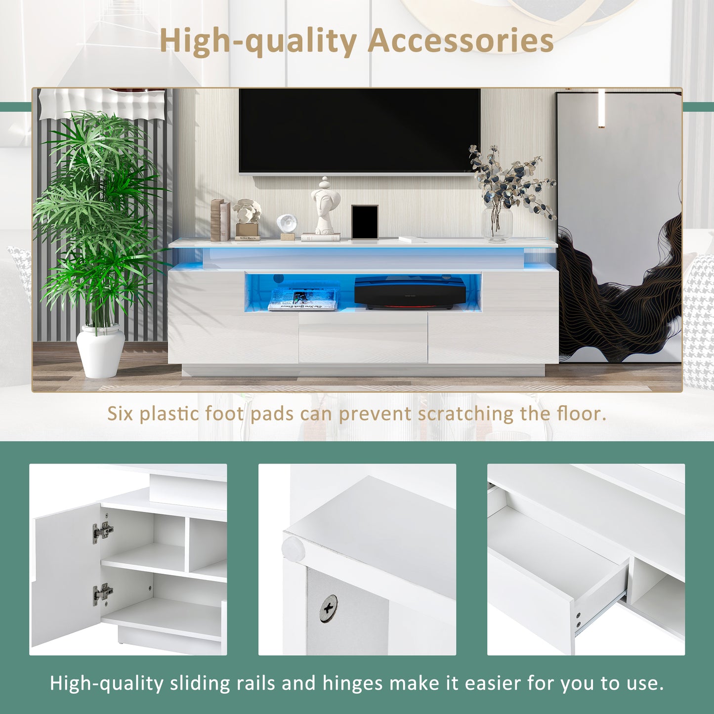 Sleek White LED TV Stand with Color Changing Lights & Ample Storage Space