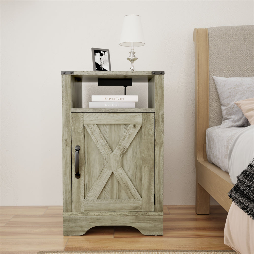 Wholesale Light Gray Door Wood Nightstands Cabinet Tall Bedside Table With Charging Station Bedroom Living Room