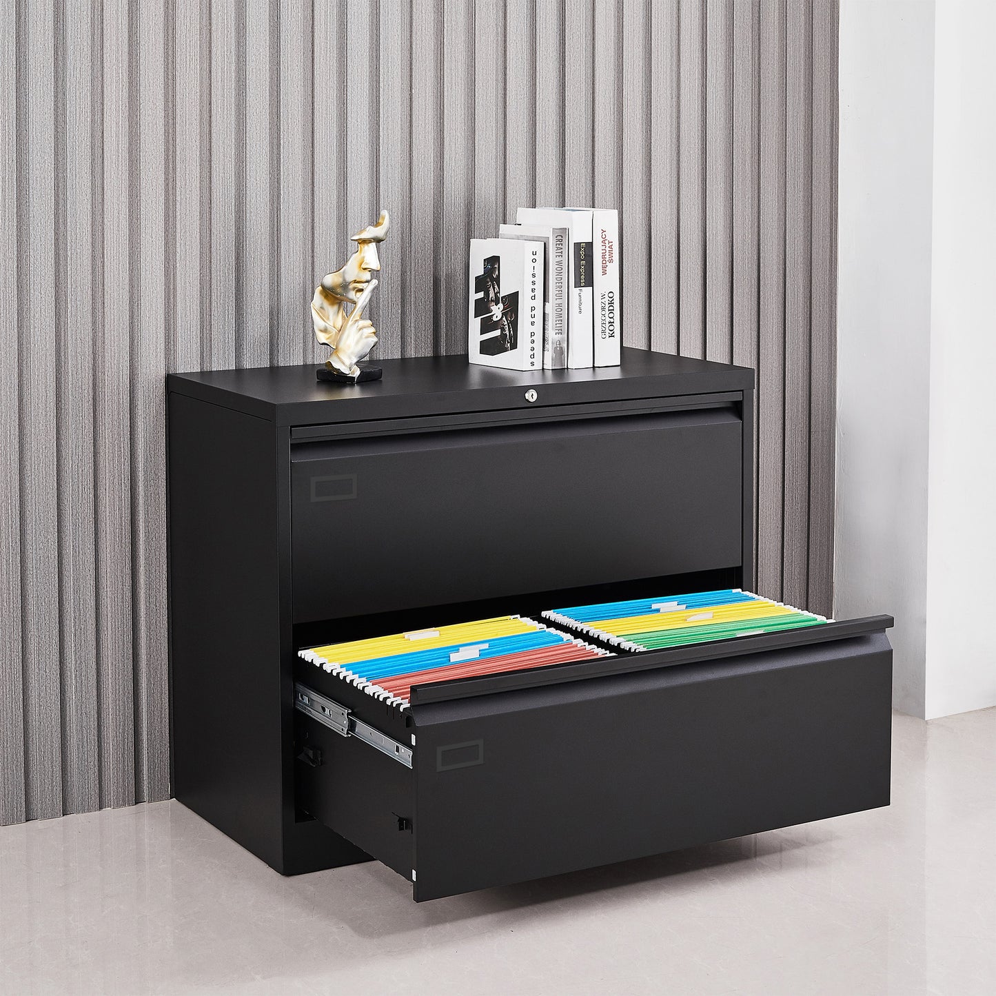 2 Drawer Large Capacity Lateral Filing Cabinet for Legal/Letter A4 Size, Black Steel