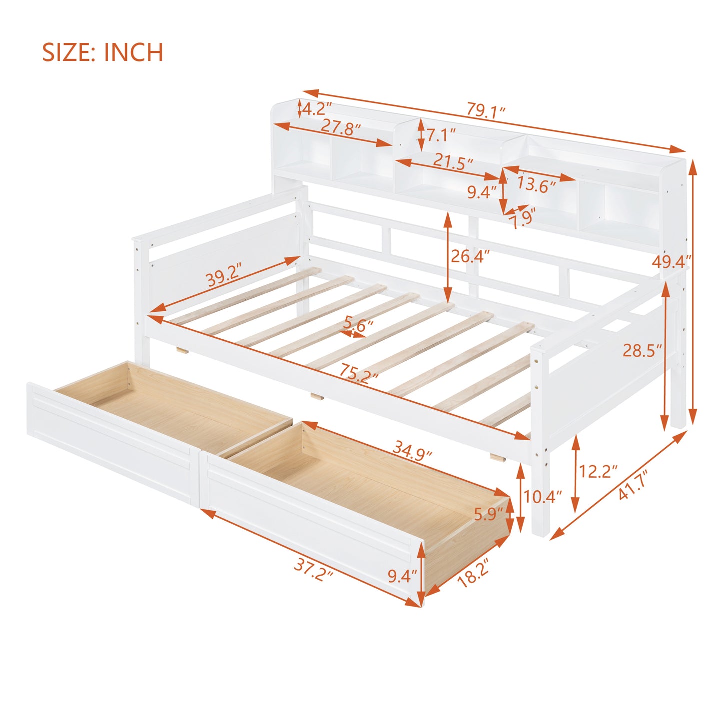 Twin size Daybed, Wood Slat Support, with Bedside Shelves and Two Drawers, White