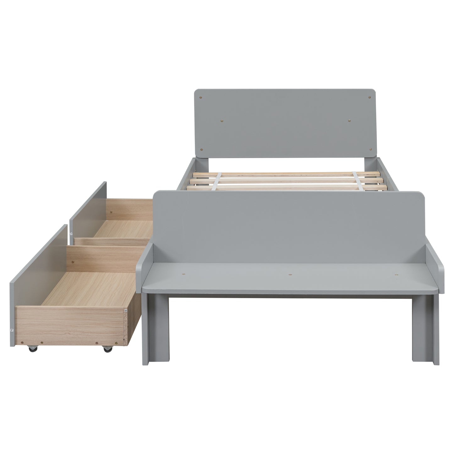 Twin Bed with Footboard Bench,2 drawers,Grey