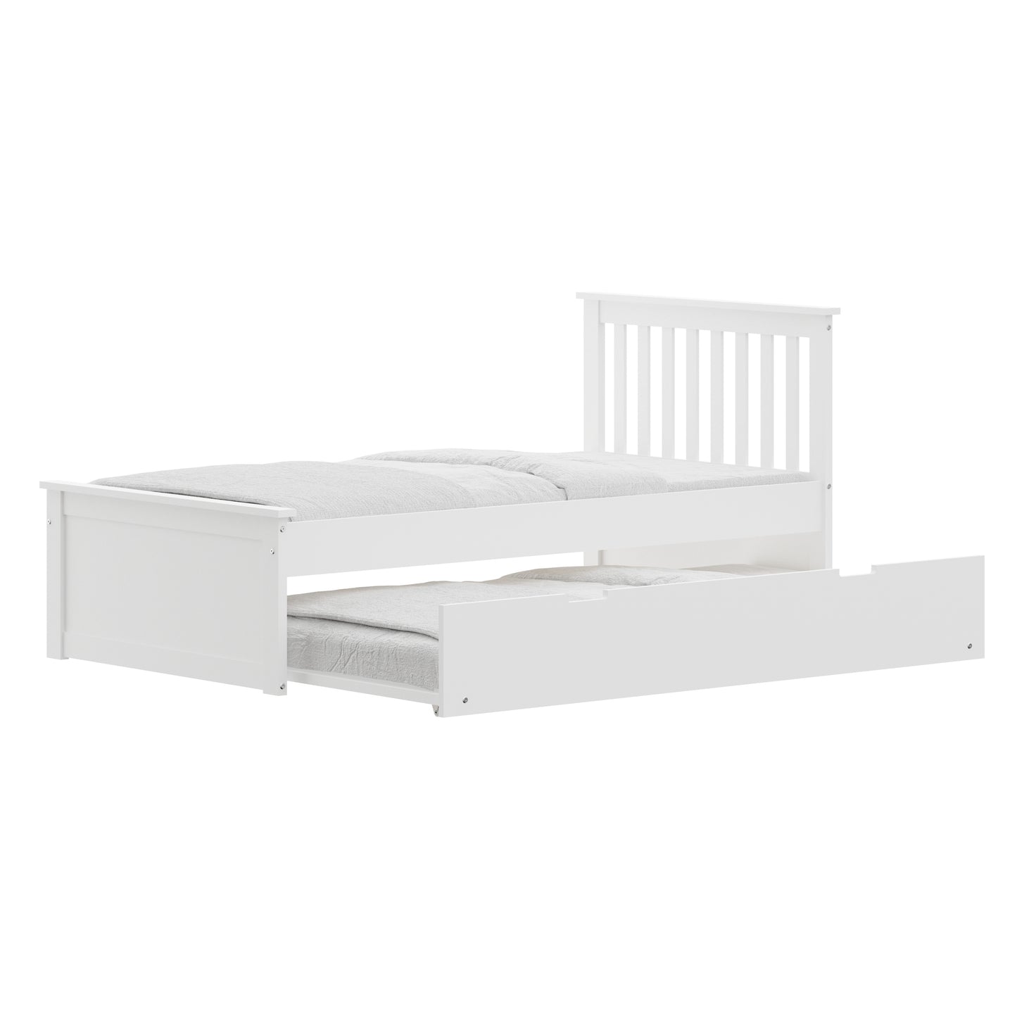 White Twin Trundle Bed, Heavy Duty Malibu Solid Wood Bed Frame with Twin Size Pull Out Toddler Trundle Bed for Kids