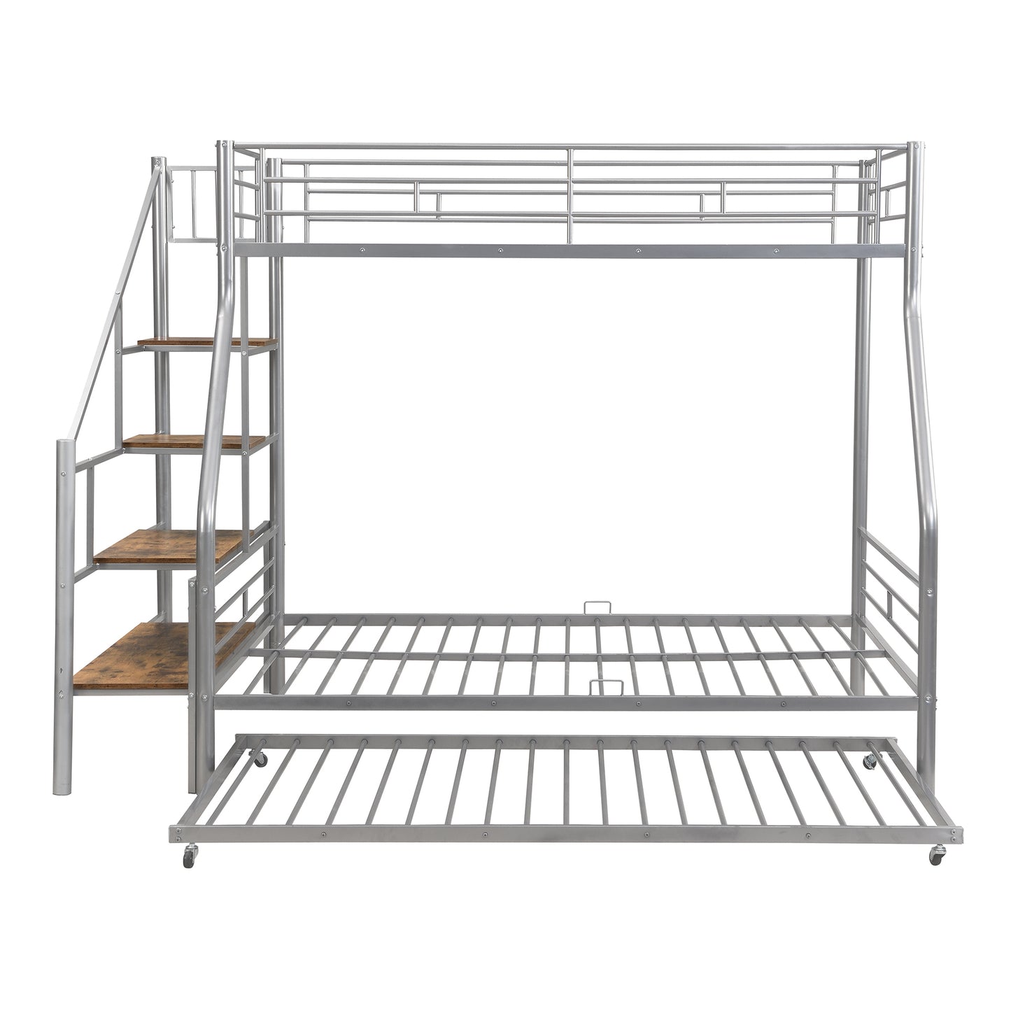 Silver Metal Bunk Bed with Trundle and Storage Staircase