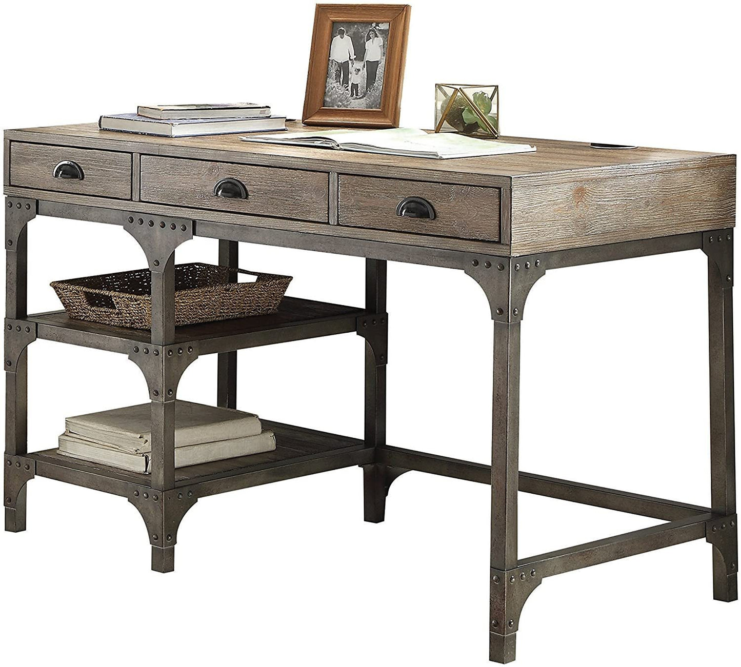 Ample Storage Industrial Desk in Weathered Oak and Antique Silver