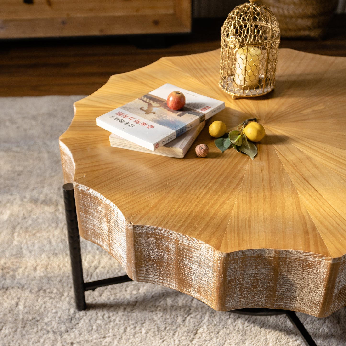 Vintage Lace Coffee Table Set With Fir Wood Top and Metal Legs