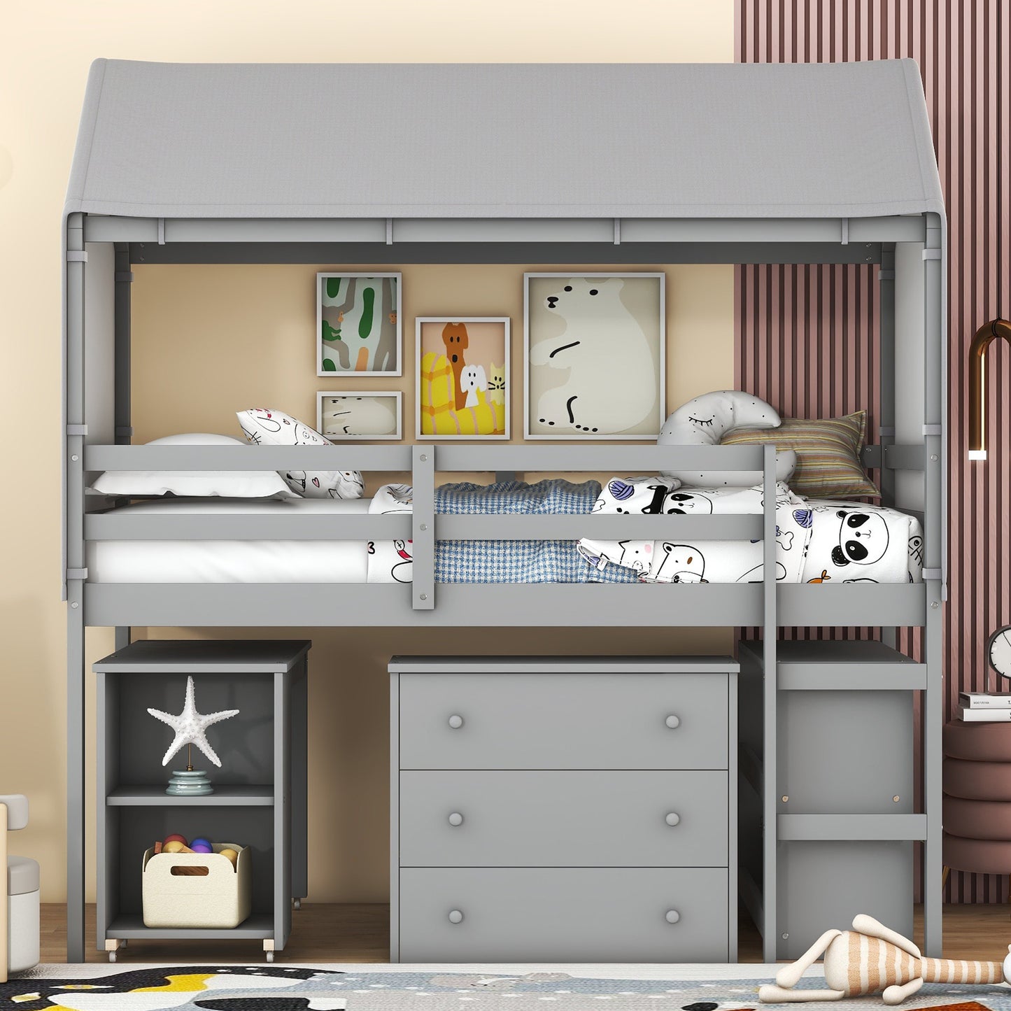 Twin Size Loft Bed with Rolling Cabinet, Shelf and Tent - Gray