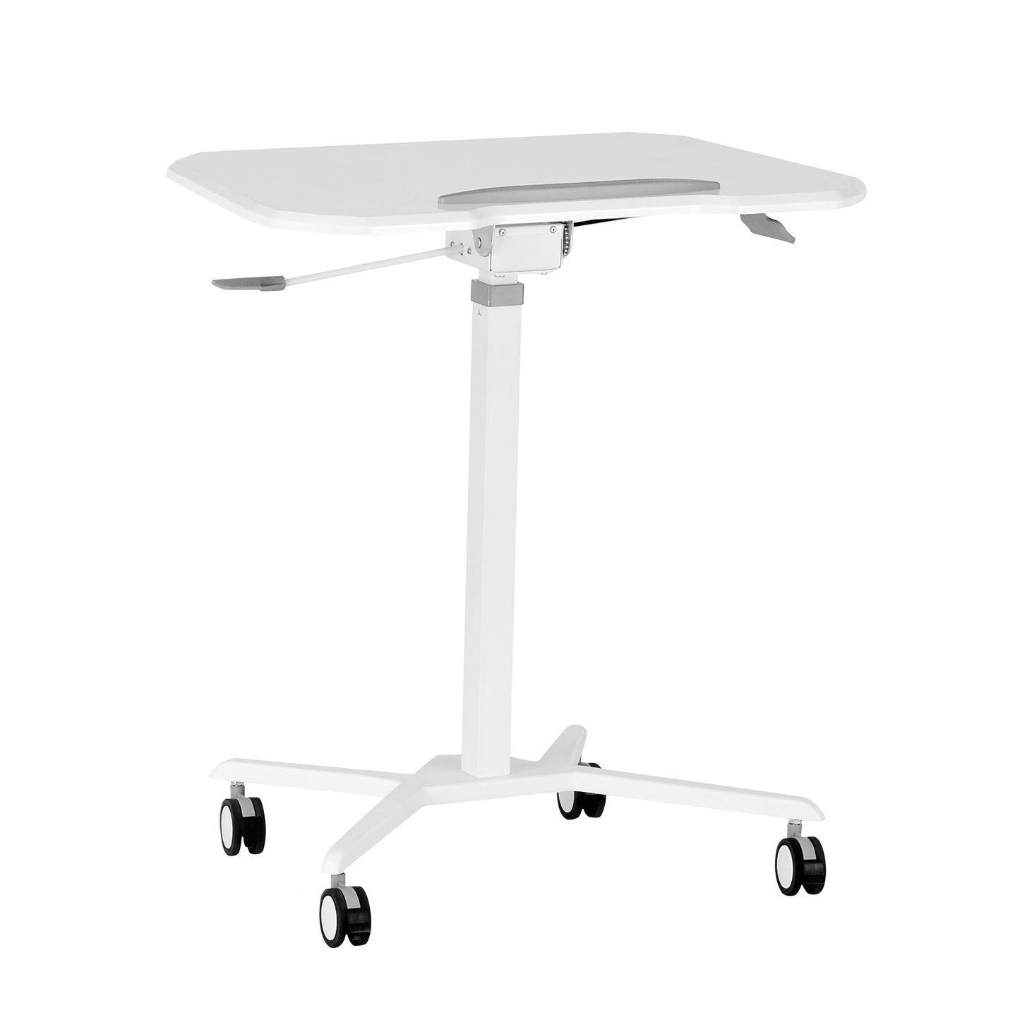 Adjustable White Laptop Stand with Tilt Tabletop and Rolling Mechanism