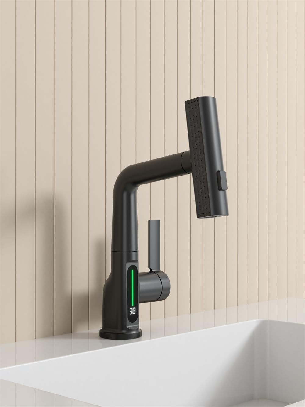 Matte Black LED Temperature Display Bathroom Basin Faucet with Pull-Out Lift Feature