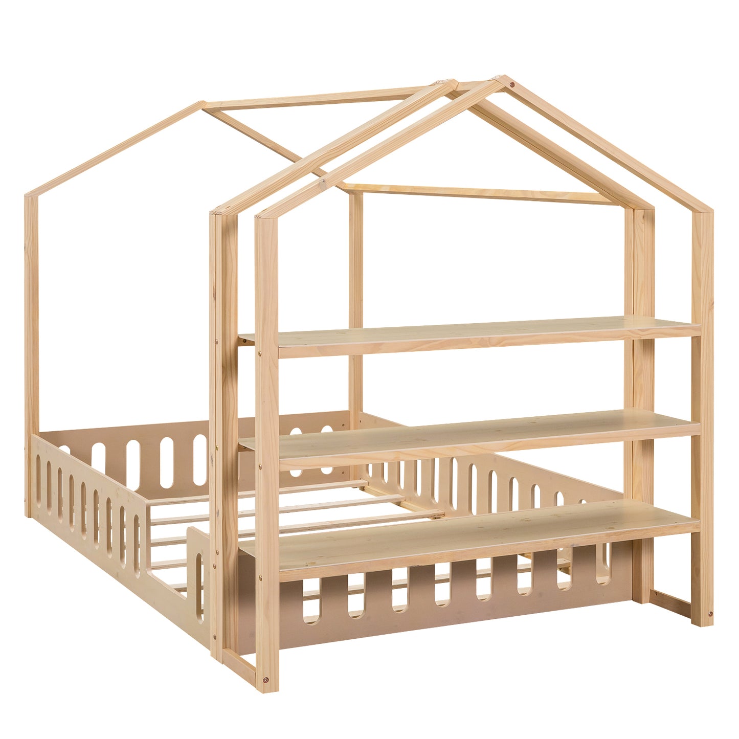 Full Size Wood House Bed with Fence and Detachable Storage Shelves, Natural (Expected Arrival Time: 1.7)