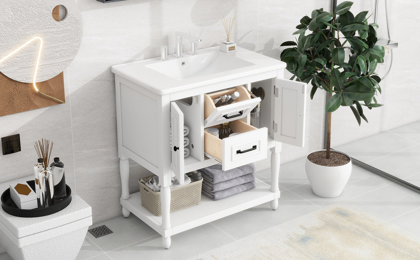 30" Bathroom Vanity with Sink Top, Bathroom Vanity Cabinet with Two Doors and Two Drawers, Solid Wood Frame, One Package, White