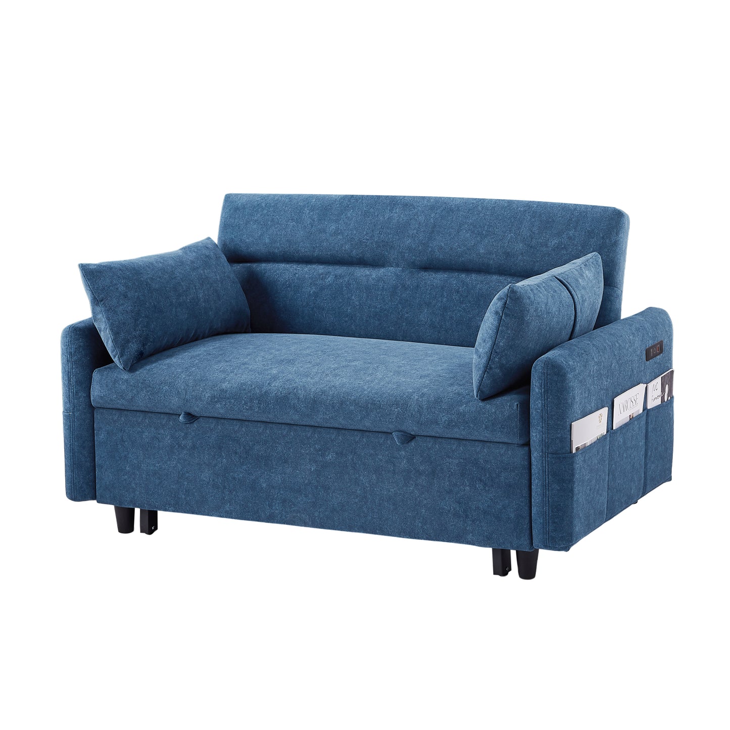 55.1 Blue Pull Out Sleeper Loveseat Sofa Bed with Adjustable Backrest and USB Ports