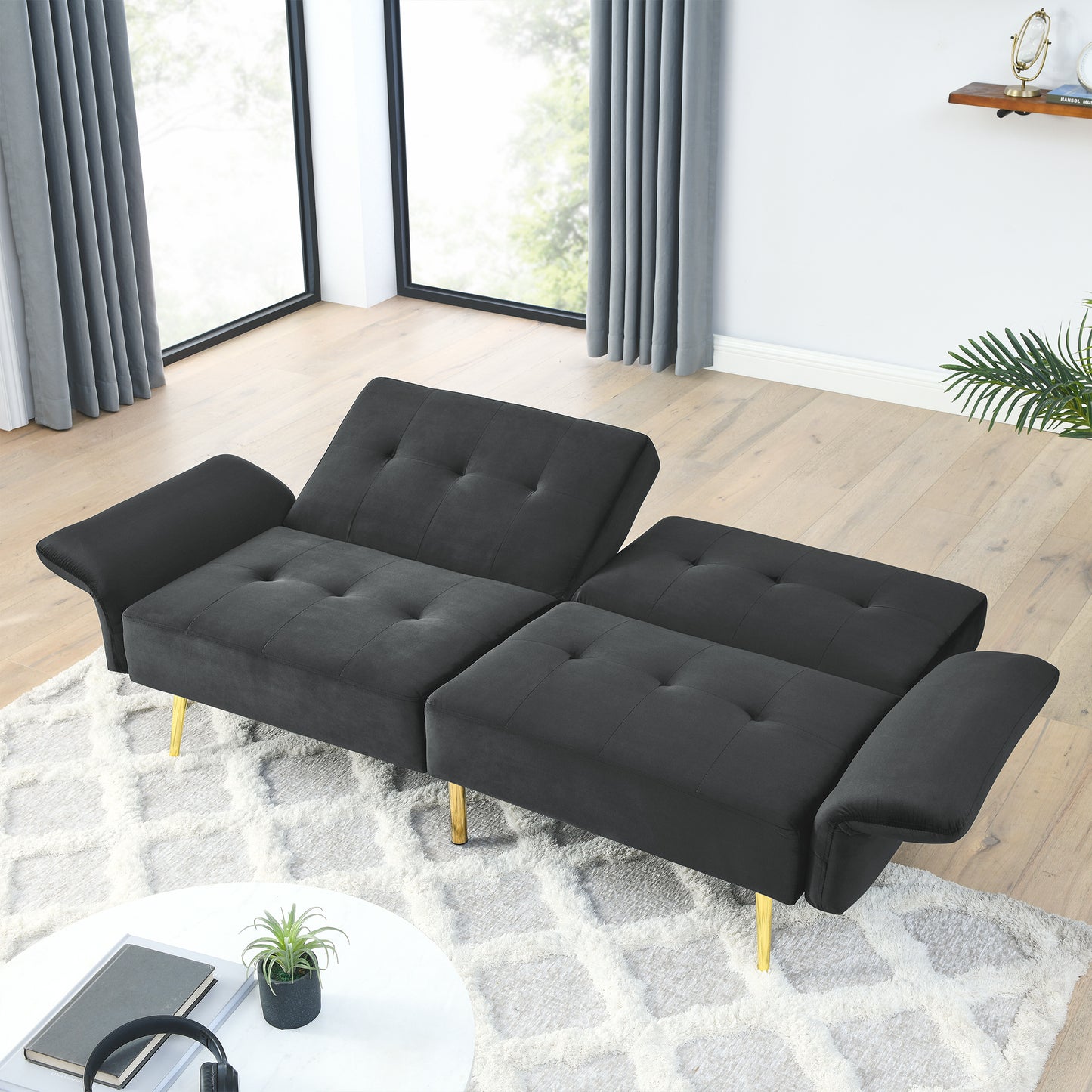 78-Inch Italian Velvet Futon Sofa Bed with Folded Armrests and Storage Bags, Black