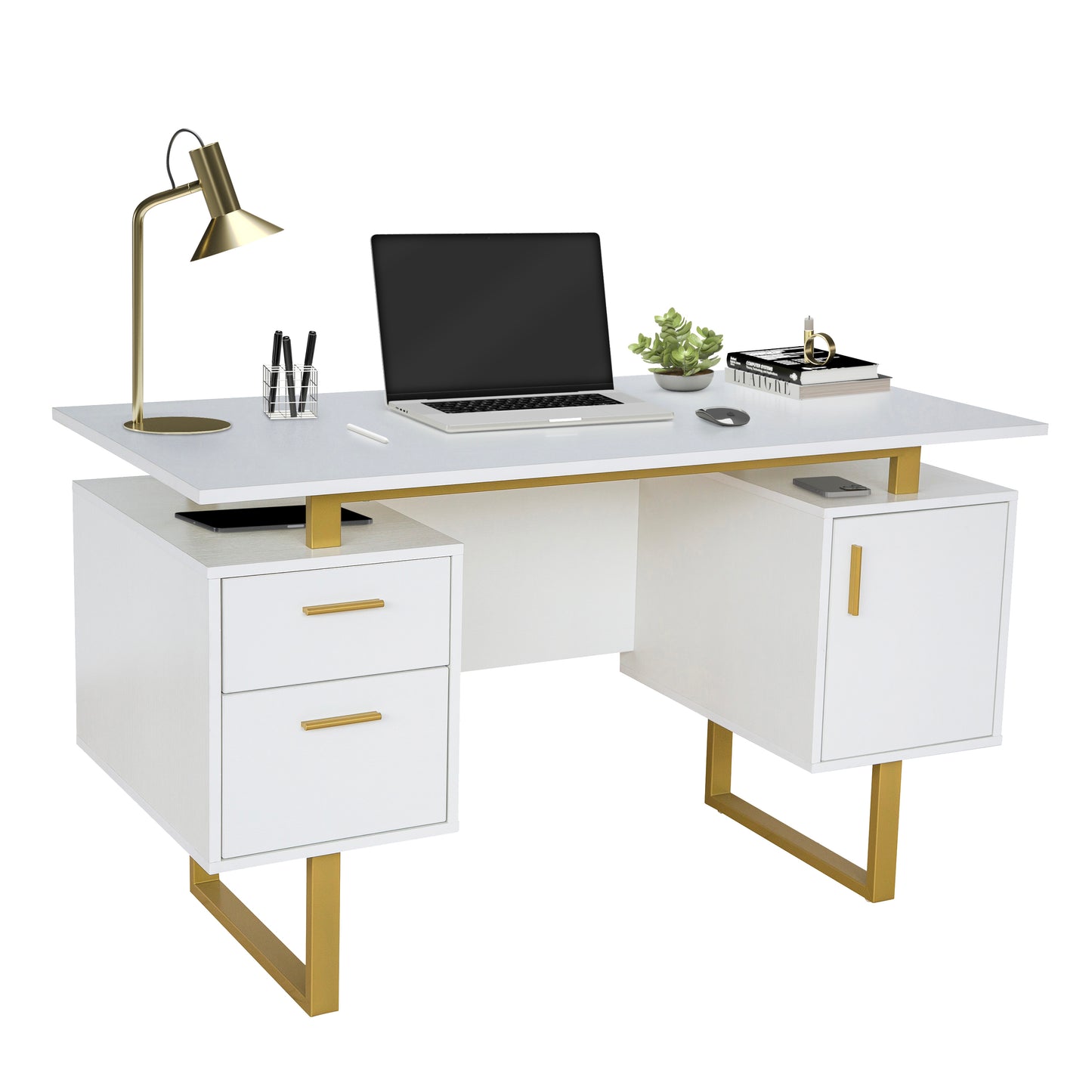 White and Gold Desk with Drawers & Storage, 51.25 Wide