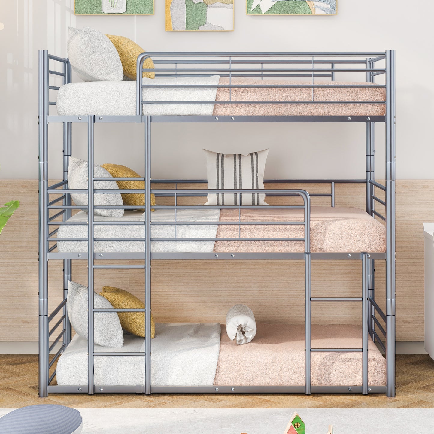 Twin-Twin-Twin Triple Bed with Built-in Ladder, Divided into Three Separate Beds,Gray(OLD SKU:LP000197AAE)