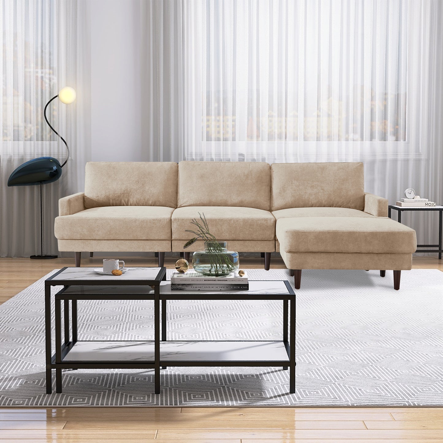 Modern fabric sofa L shape, 3 seater with ottoman-104.6" Beige