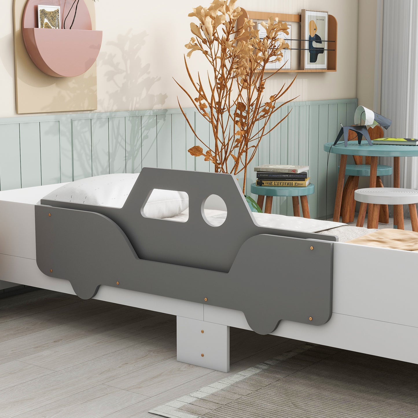 Car-Shaped Twin Bed with Bench,White