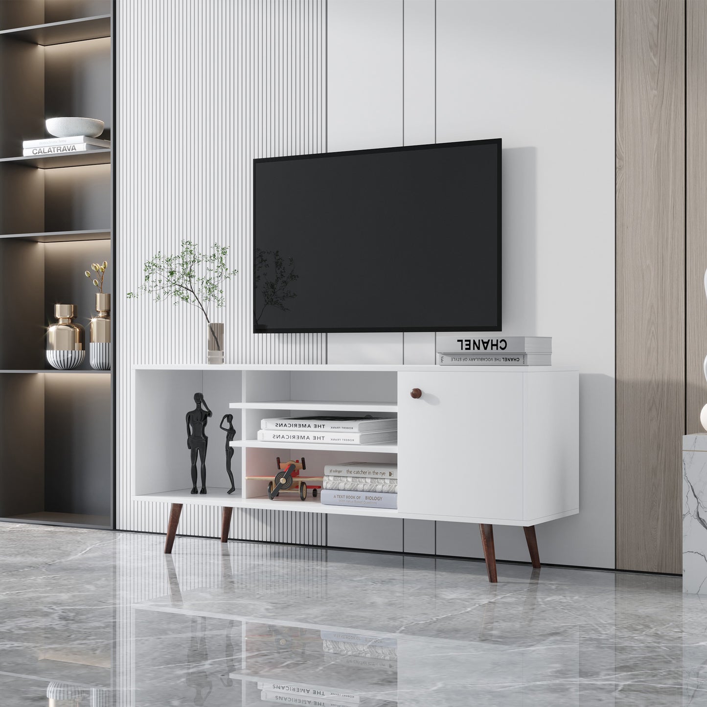 Modern White TV Stand with Ample Storage and Sturdy Frame