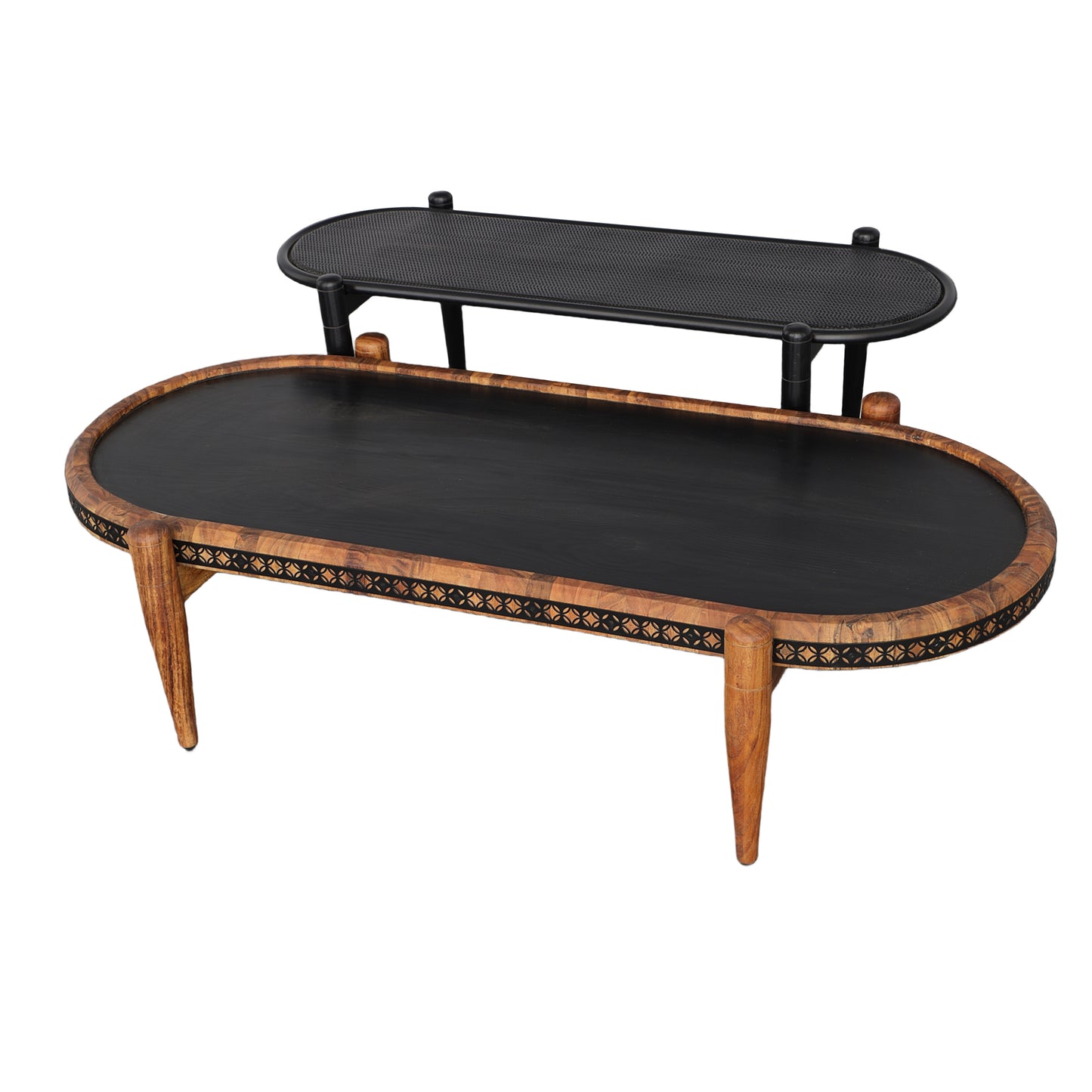 Acacia Wood and Metal Oval Nesting Coffee Table Set, Brown/Black, 50 & 39 Inch