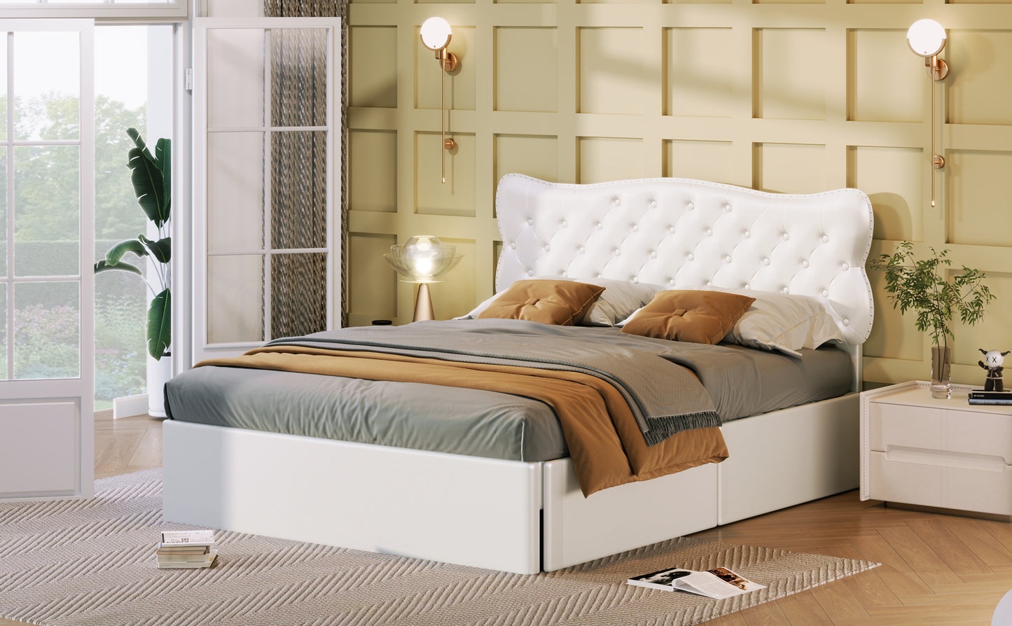 Full Size Bed Frame with 4 Storage Drawers,Leather Upholstered Platform Heavy Duty Bed,Wood Slat Support,White