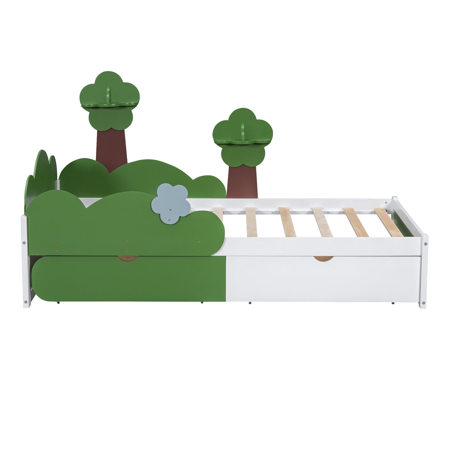 Twin Size Bed with Grass Hill and Trees Decor