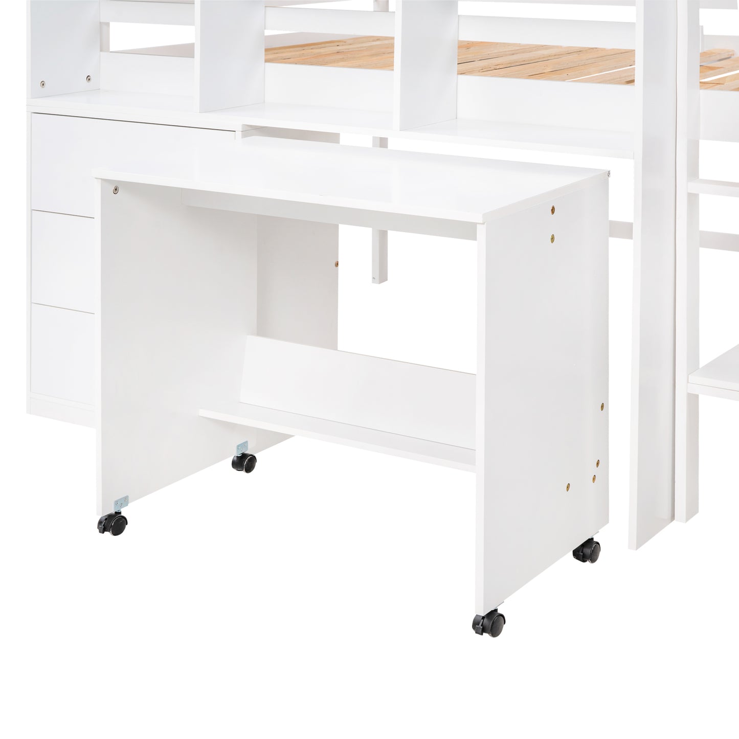 Full Size Low Loft Bed with Rolling Portable Desk, Drawers and Shelves, White(: GX000711AAK)