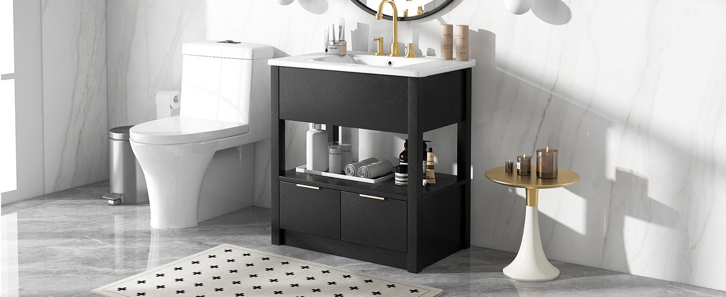 30" Bathroom Vanity with Sink Top, Bathroom Cabinet with Open Storage Shelf and Two Drawers, One Package, Black