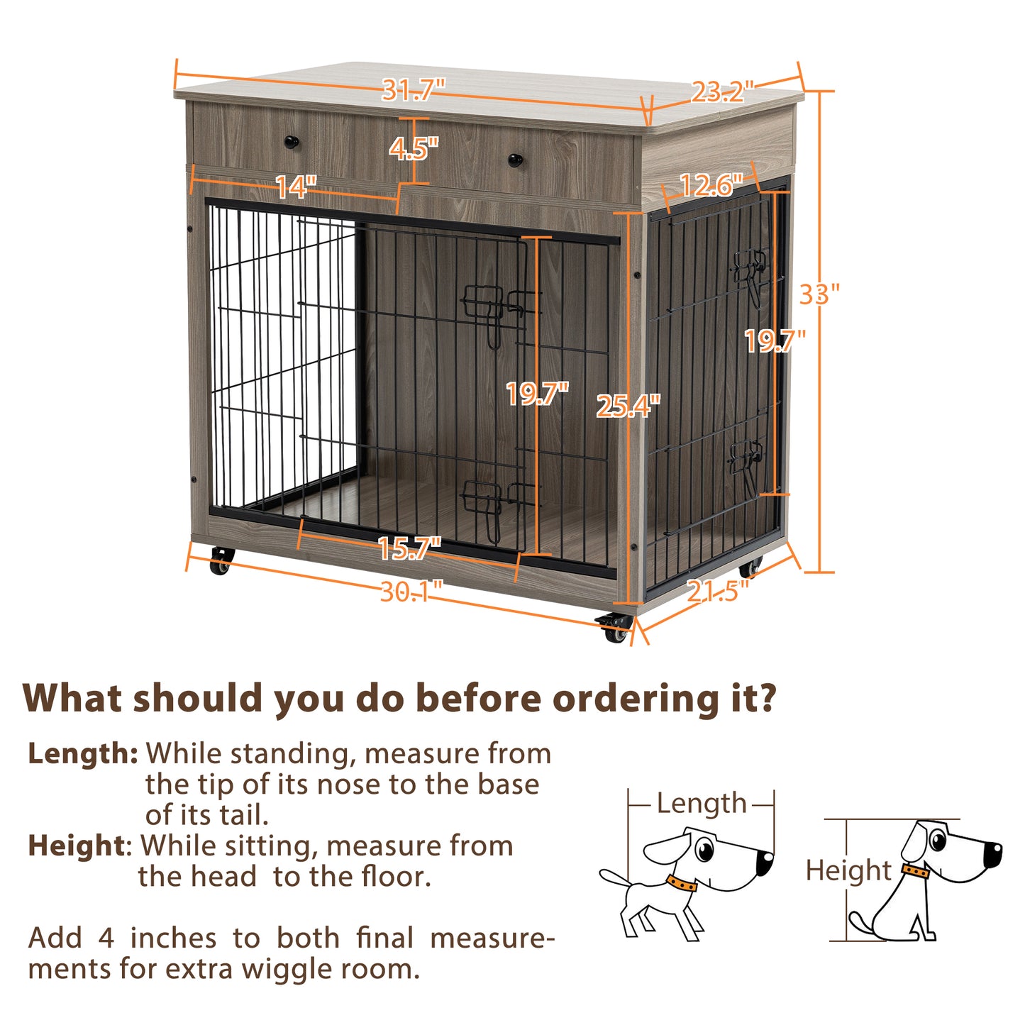 Dog Crate Furniture, Wooden Dog House, Decorative Dog Kennel with Drawer, Indoor Pet Crate End Table for Small Dog, Steel-Tube Dog Cage, Chew-Proof, Grey 31.7" L×23.2" W×33" H