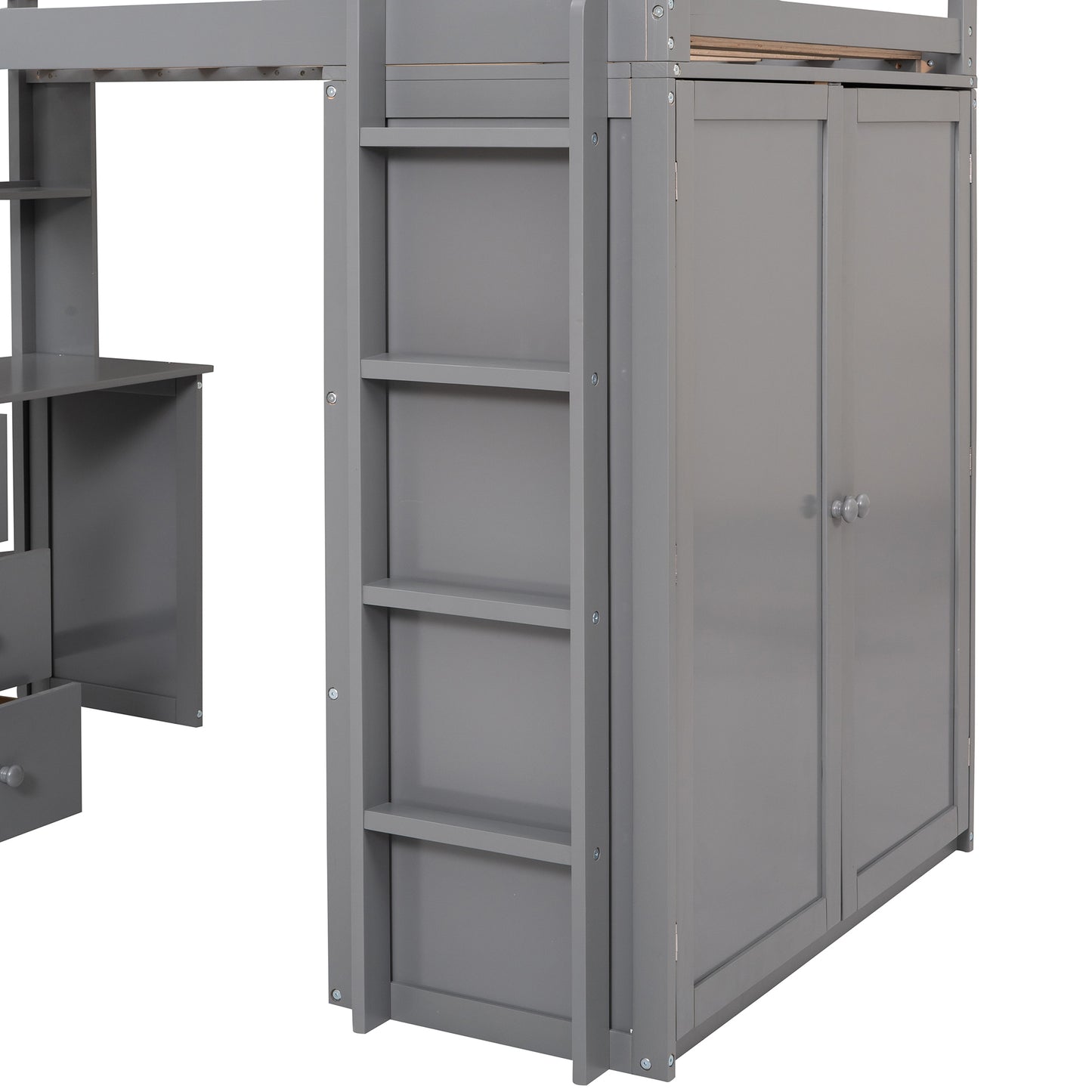 Twin size Loft Bed with Drawers,Desk,and Wardrobe-Gray