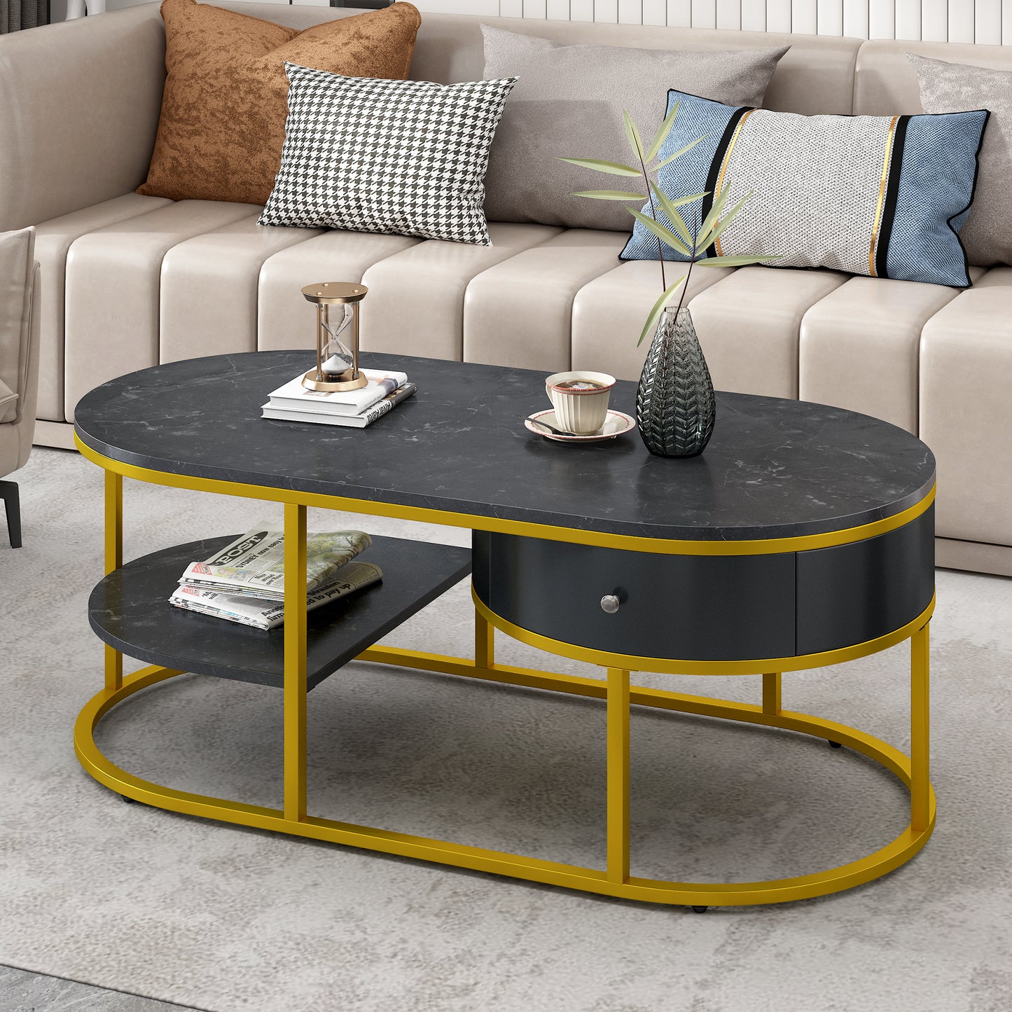 Golden Marble Coffee Table with Metal Frame, Drawers & Shelves for Living Room