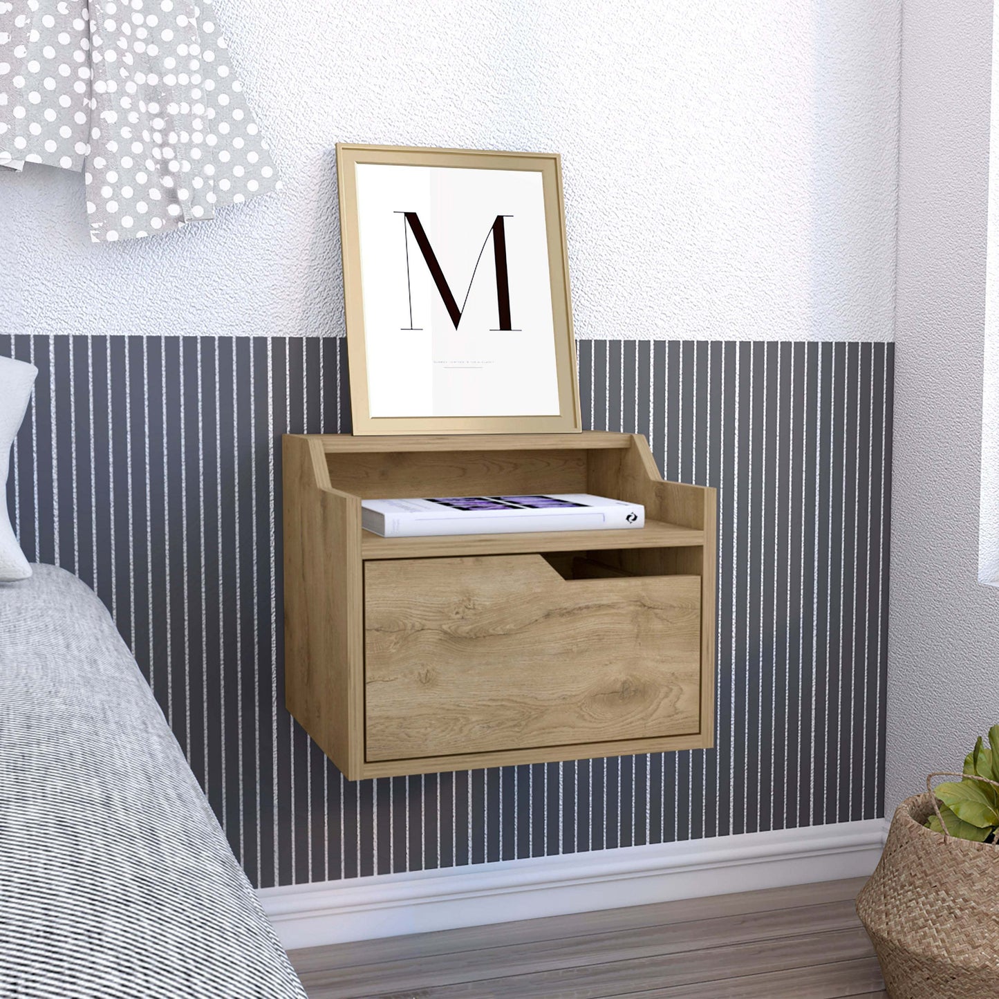 Busan Modern Floating Nightstand, Single-Drawer Design with Sleek Two-Tiered Top Shelf Surfaces- Macadamia - Bedroom