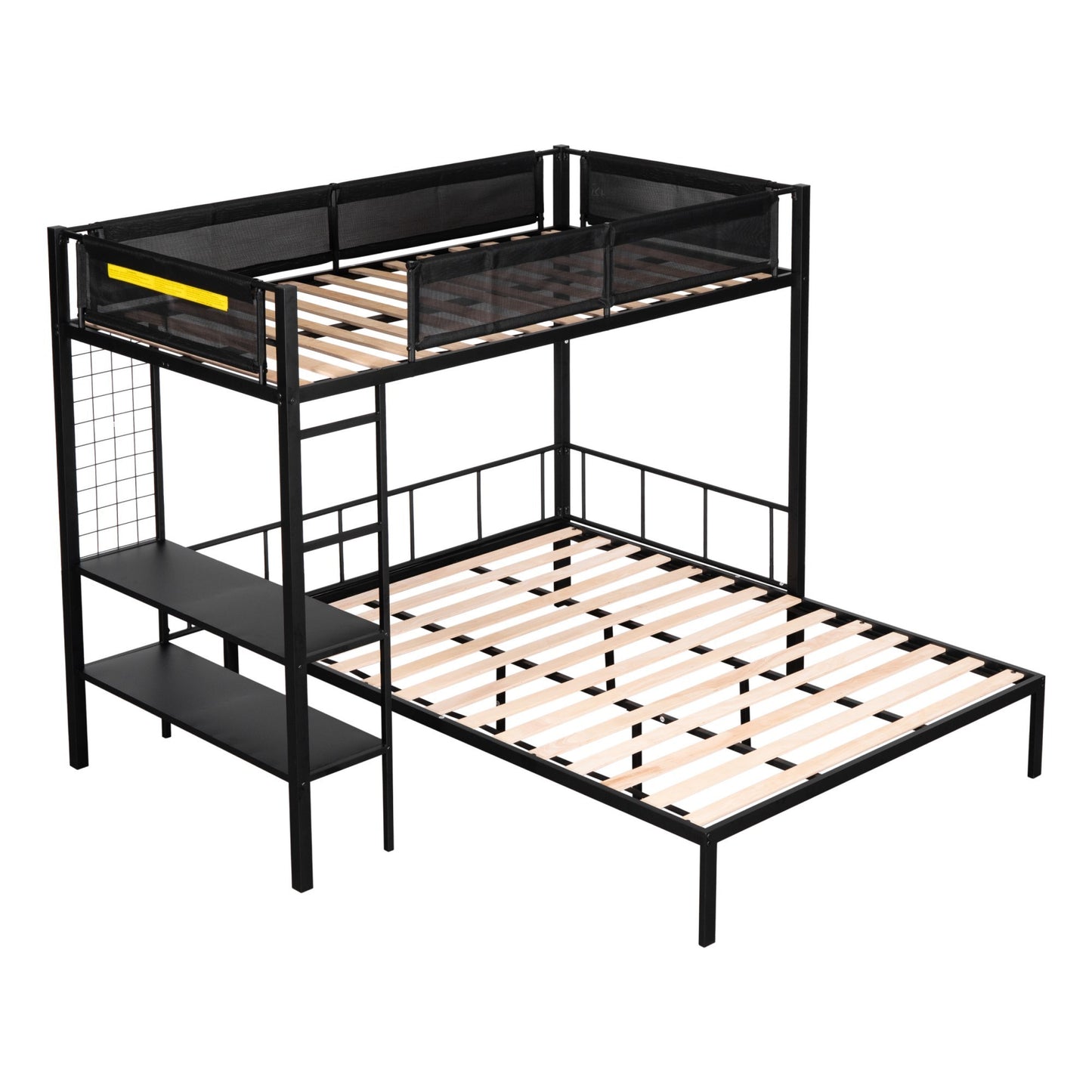 Metal Twin over Full Bunk with Shelves & Grid Panel/ Sturdy Metal Bed Frame/ Noise-free Wood Slats/ Comfortable Textilene Guardrail/ Built-in 2-tier Shelves & Grid Panel/ Separated Full size Bed