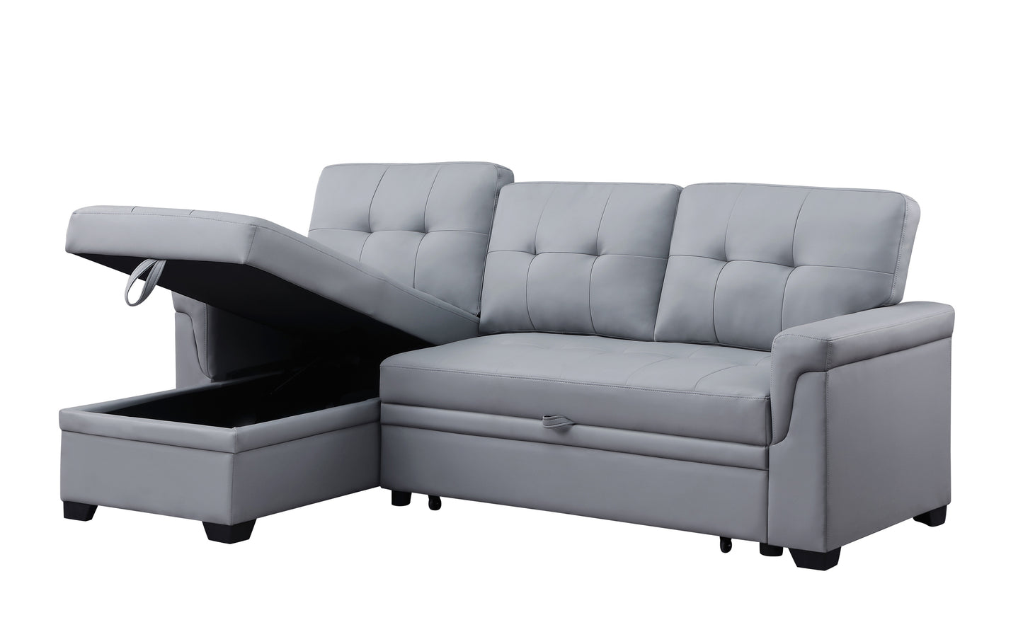 Gray Vegan Leather Sleeper Sectional Sofa with Chaise and Storage