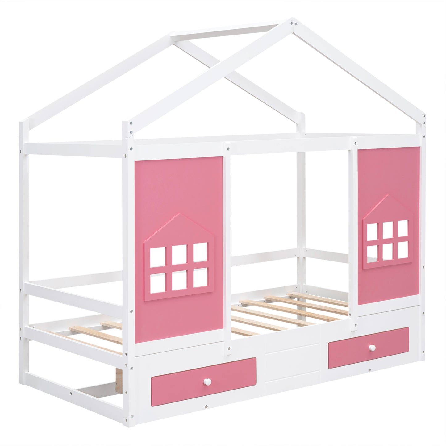 Twin Size Wood House Bed with 2 Drawers and Window Decoration, White+Pink