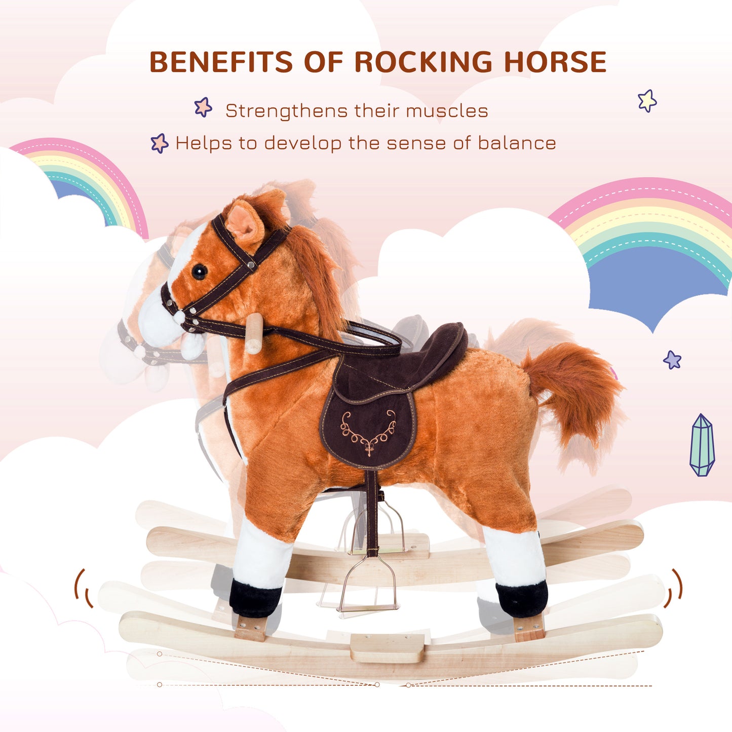 Kids Plush Toy Rocking Horse Ride on with Realistic Sounds -  Brown