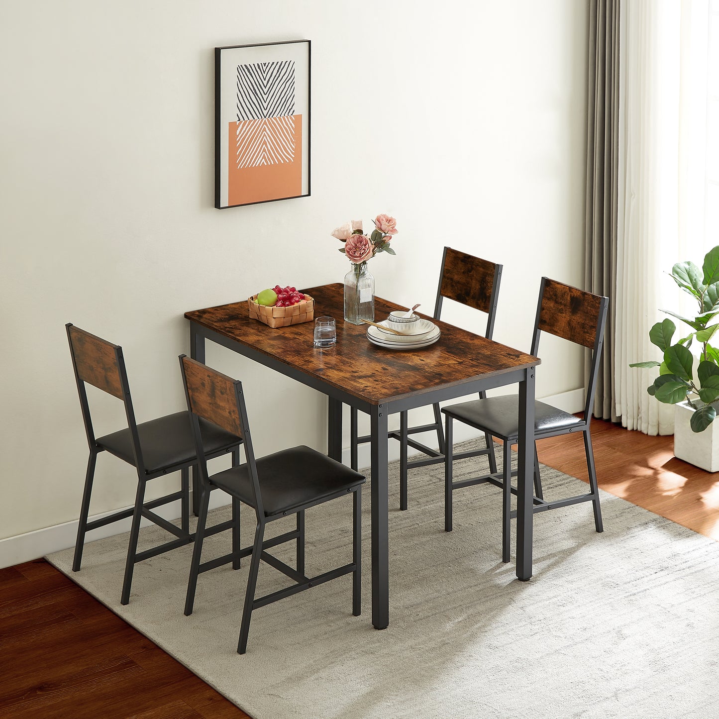 Dining Set for 5 Kitchen Table with 4 Upholstered Chairs, Rustic Brown, 47.2'' L x 27.6'' W x 29.7'' H.