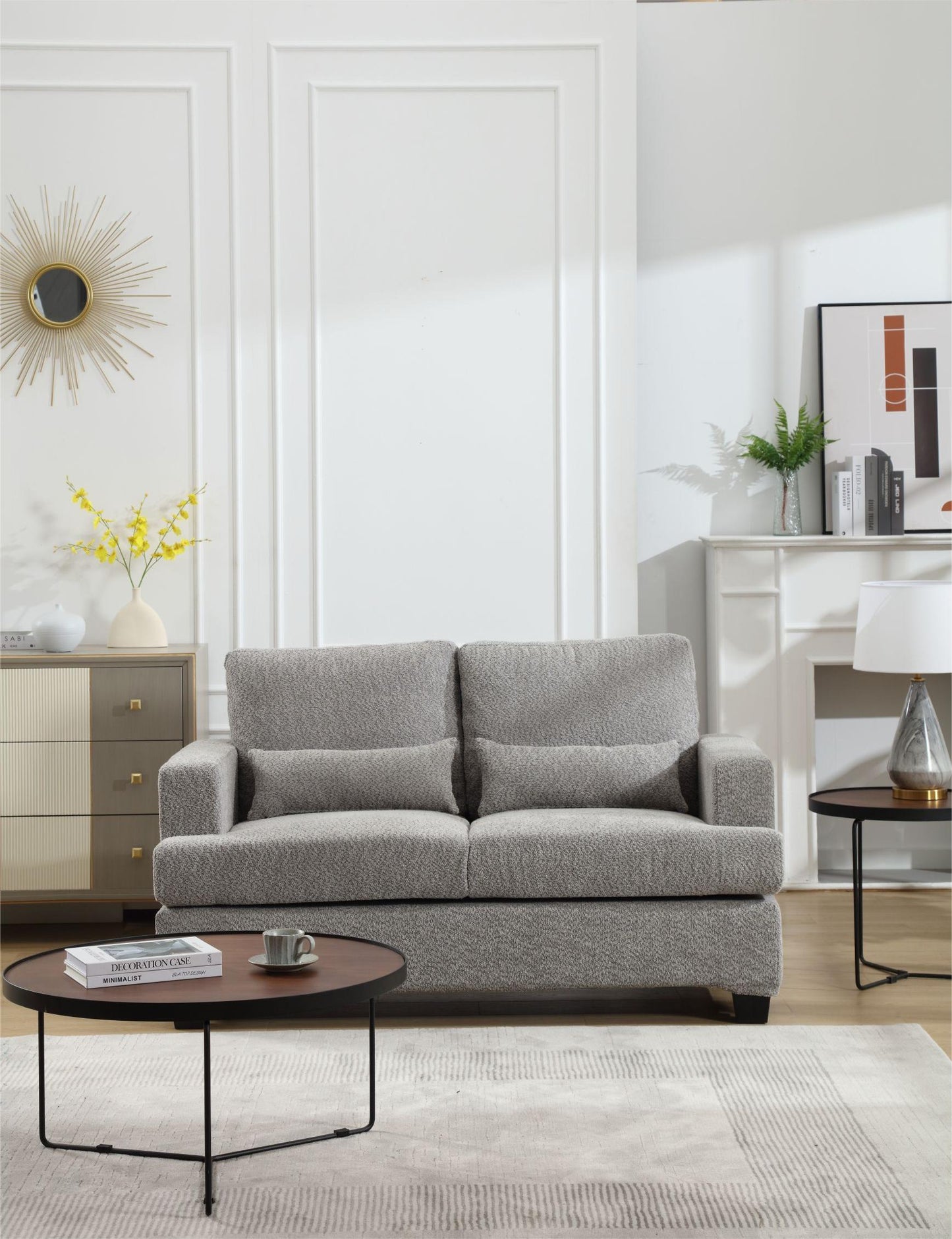 Elegant 63 Modern Loveseat with Square Armrest and 2 Waist Pillows (White & Gray Fabric)