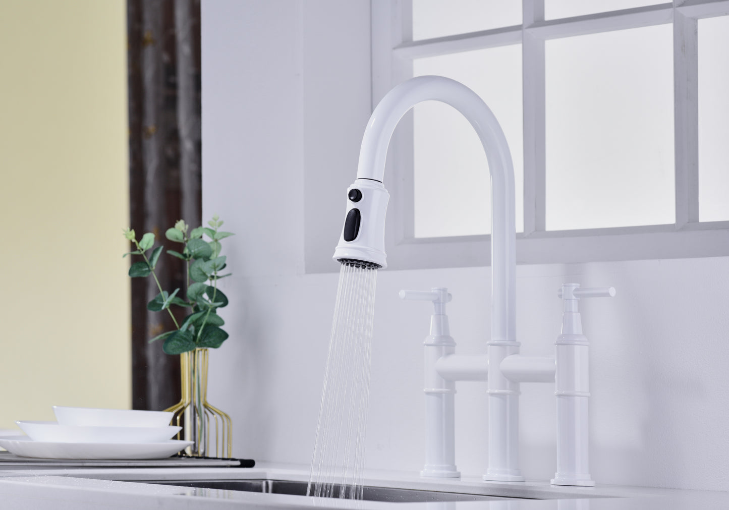 Bridge Kitchen Faucet with Pull-Down Sprayhead in Spot