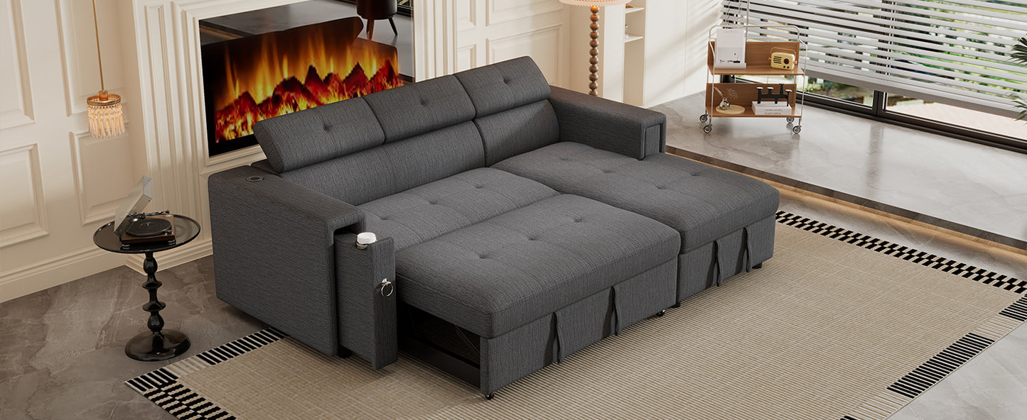 Versatile 96 L-Shape Sectional Sofa with Wireless Charging and Hidden Storage in Grey Linen