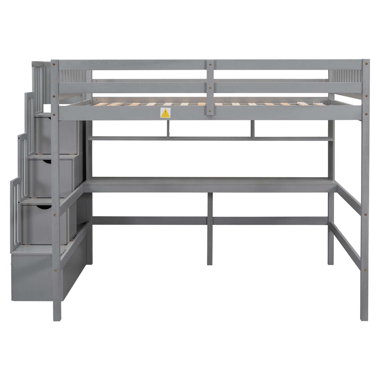 Full Size Loft Bed with Desk, Storage shelves and Staircase,Grey