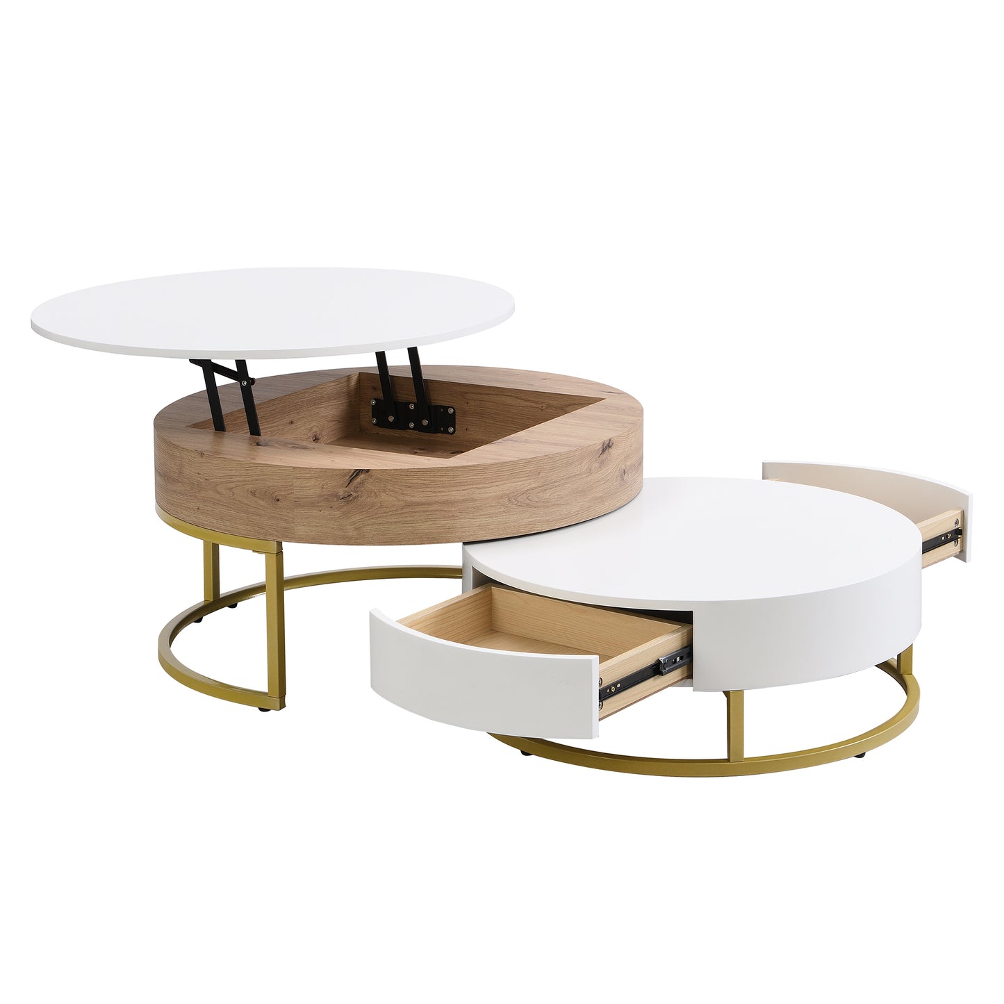 Elegant Lift-Top Coffee Tables Set with Drawers - White & Natural